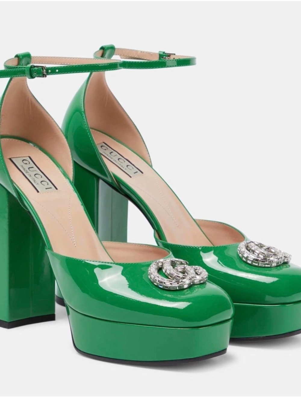 Gucci Ottavia Green Patent Leather Platform Pumps with Crystal Double G Accent - Picture 2 of 12